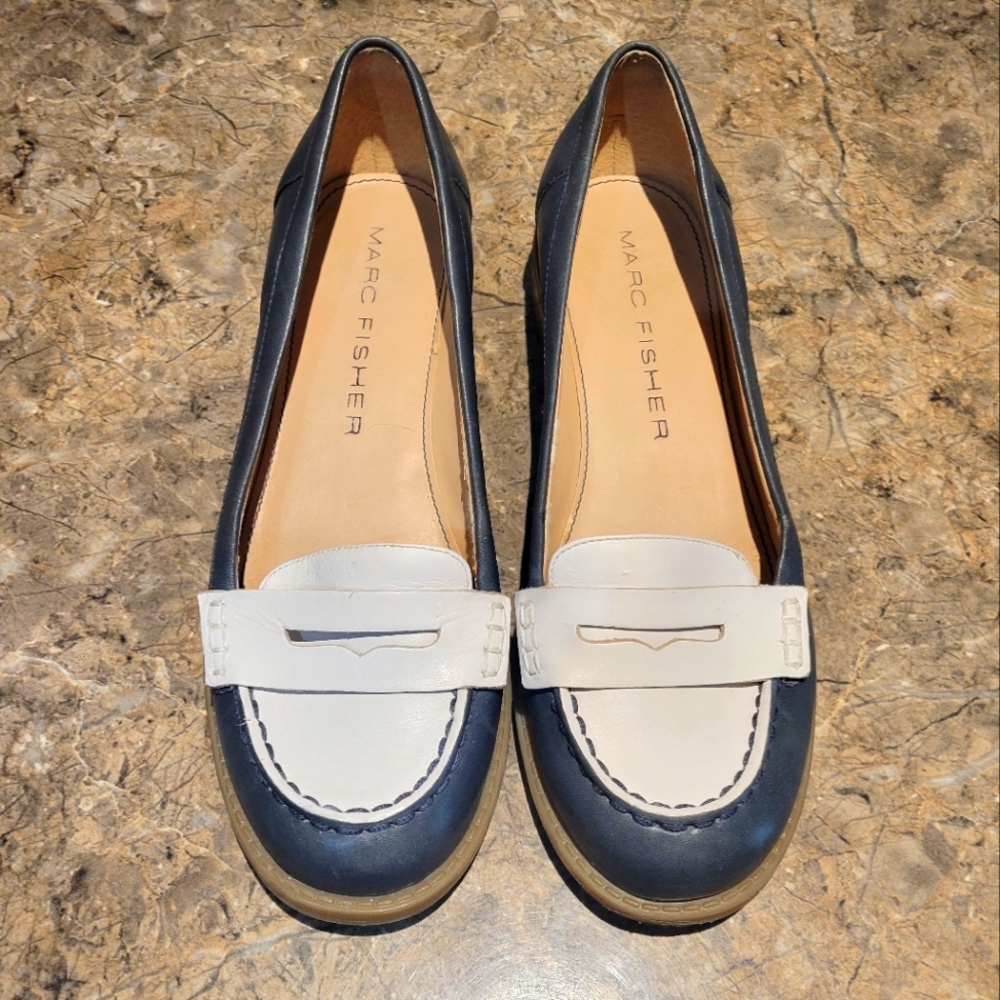 Marc Fisher Women's Penny Loafer Round Toe with Wood Accent Heel